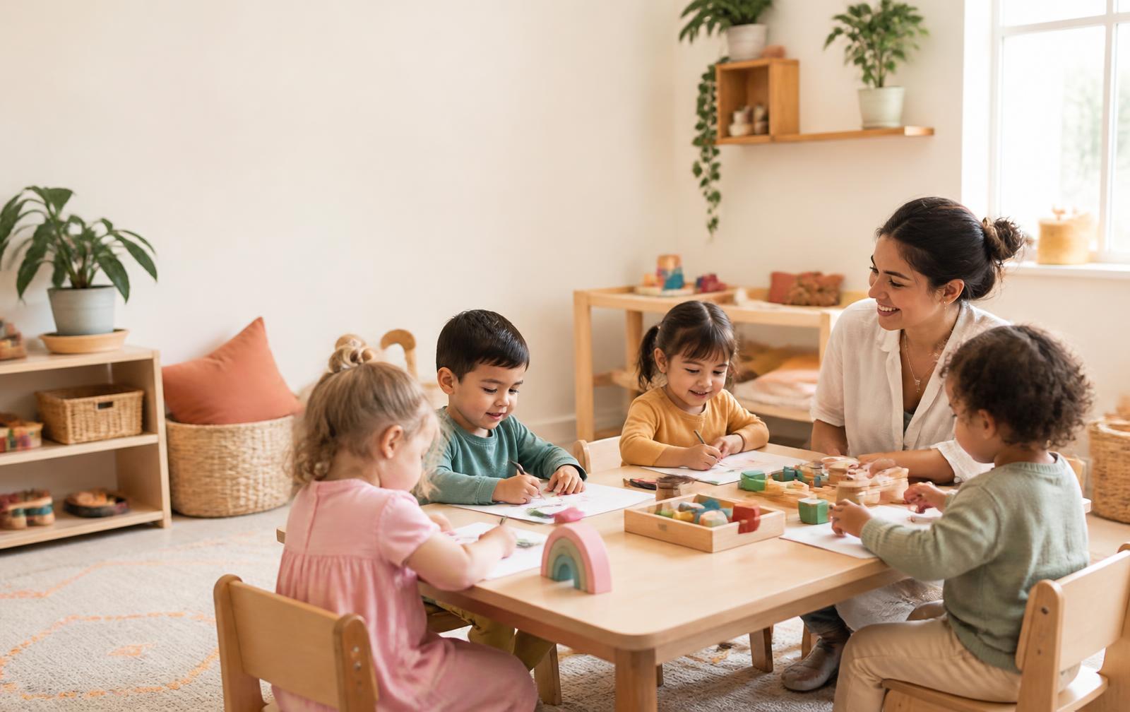 Children enjoying creative activities with their caregiver at Bella’s Daycare